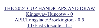 THE 2024 CUP HANDICAPS AND DRAW Kingsway/Huncotw - 0 APR/Longslade/Brockington - 0.5 TT/East Goscote - 1.5